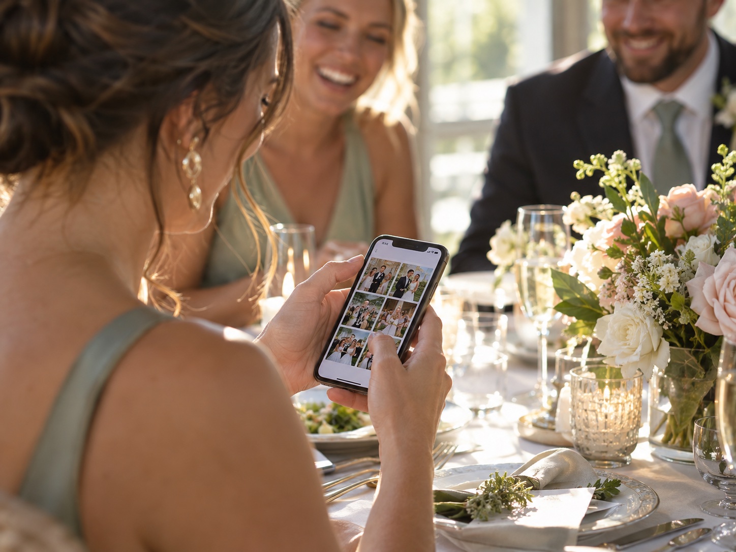 Guests sharing photos from their phones at a wedding