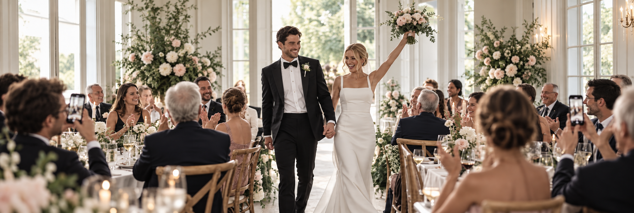 Guests photographing a newly married couple as they enter their wedding reception